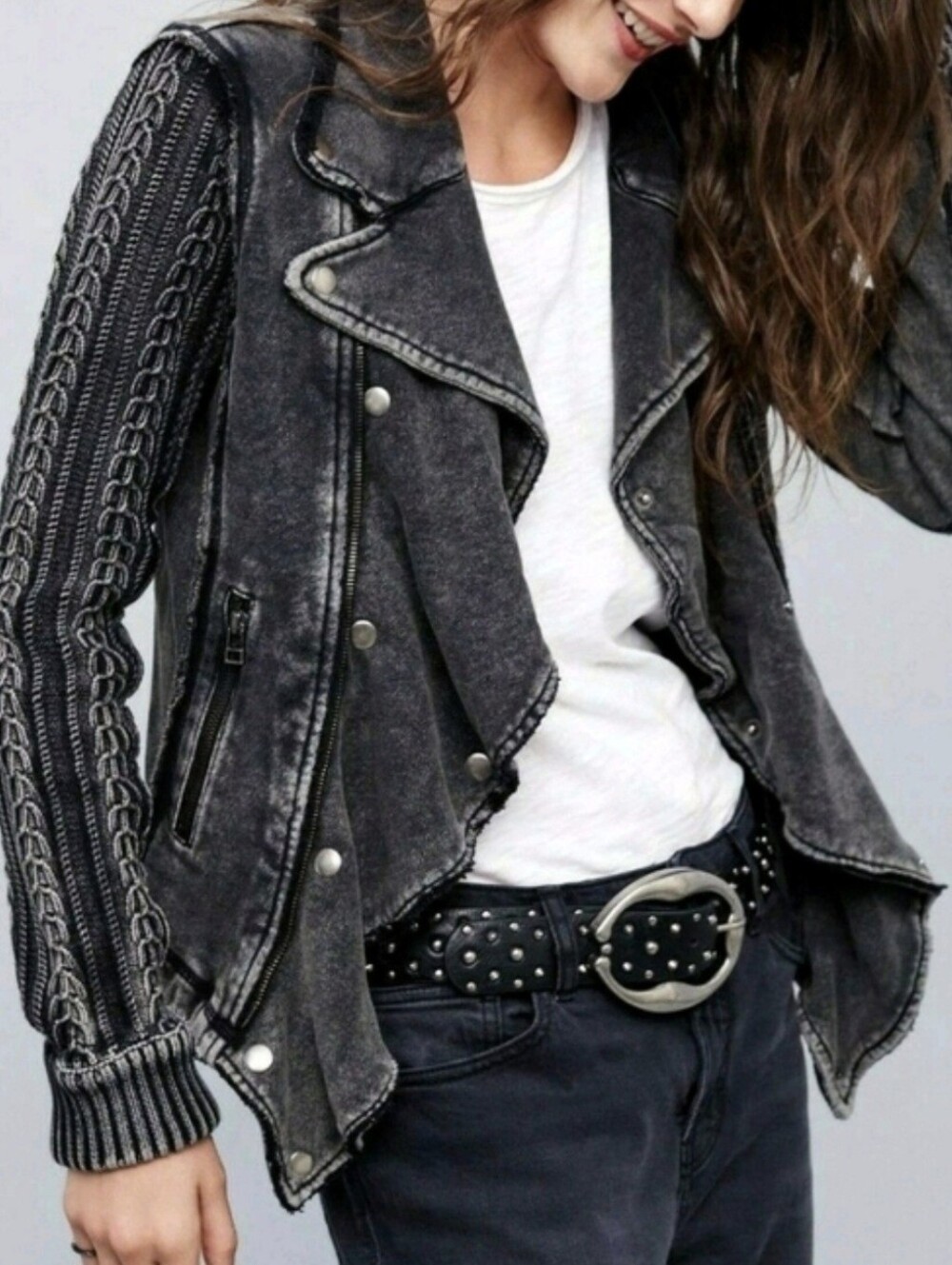 Rare Free PeopleWomen's Moto Jacket with Braided Sleeve Detail Distressed Black